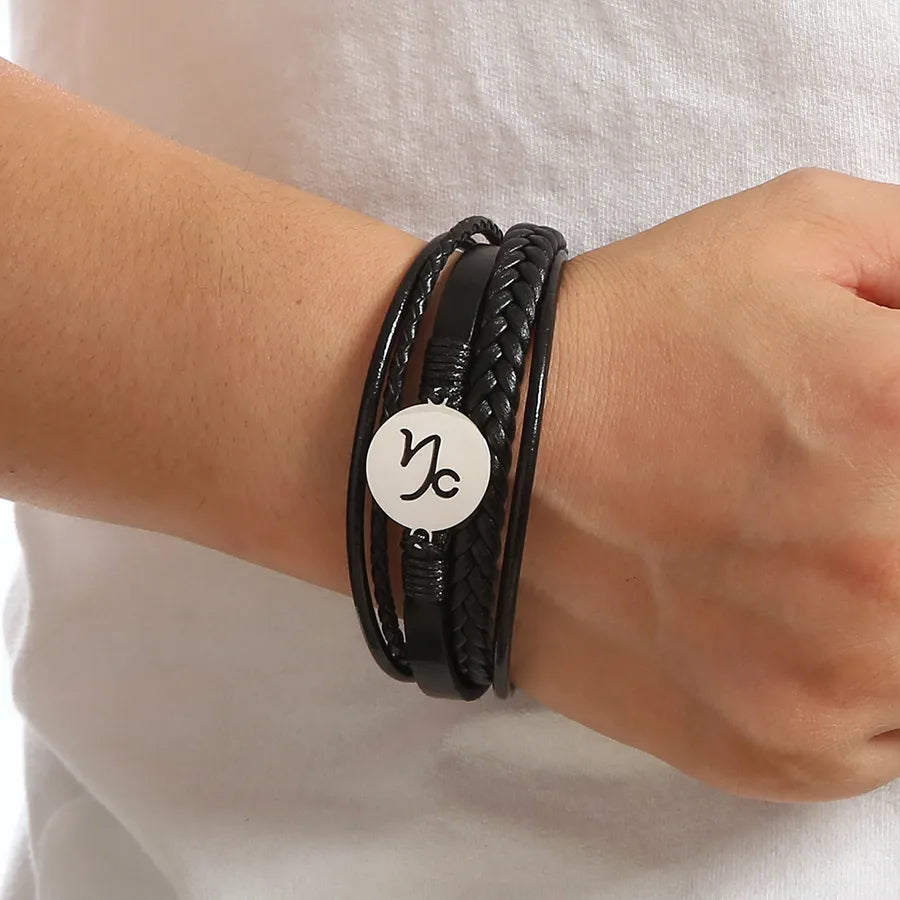Simple Style Constellation 316 Stainless Steel  Pu Leather Layered Men's Bangle