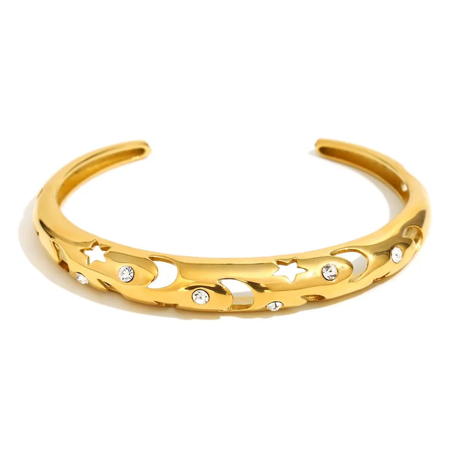 Retro Classic Style Star Moon 304 Stainless Steel 18K Gold Plated Cuff Bracelets In Bulk