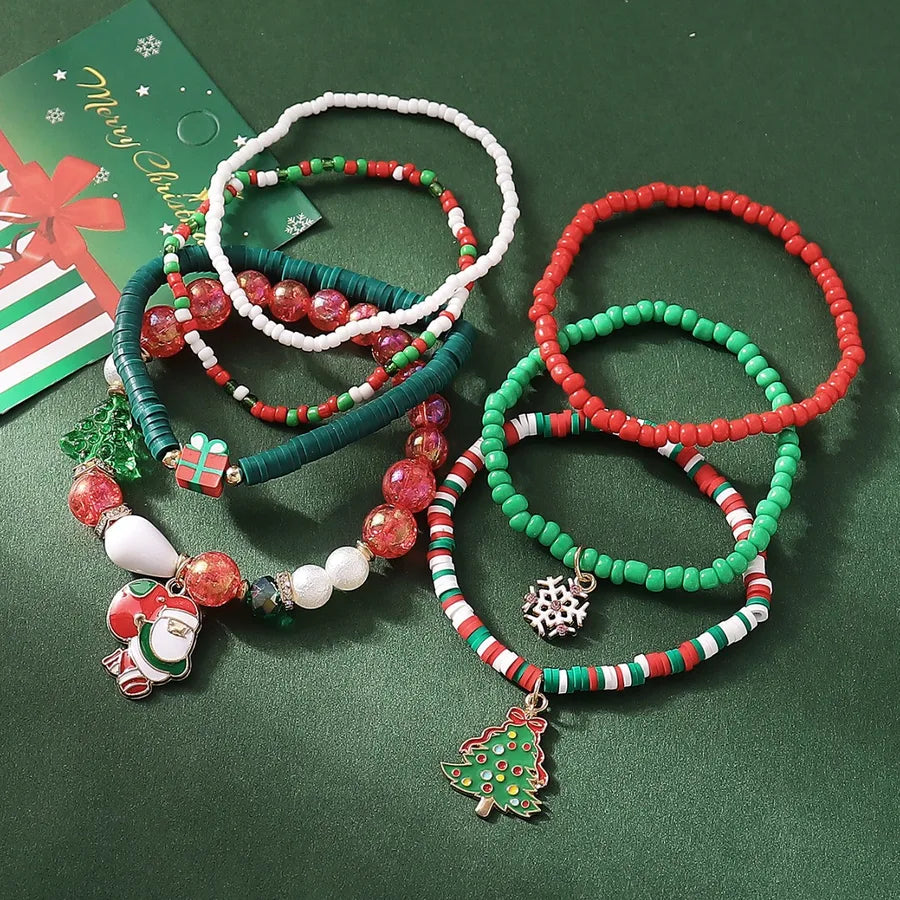 Christmas Theme Soft Clay Beaded Elastic Bracelet Set Pendant Hand Chain Multicolor Retro Animal Style Resin Craft For Women