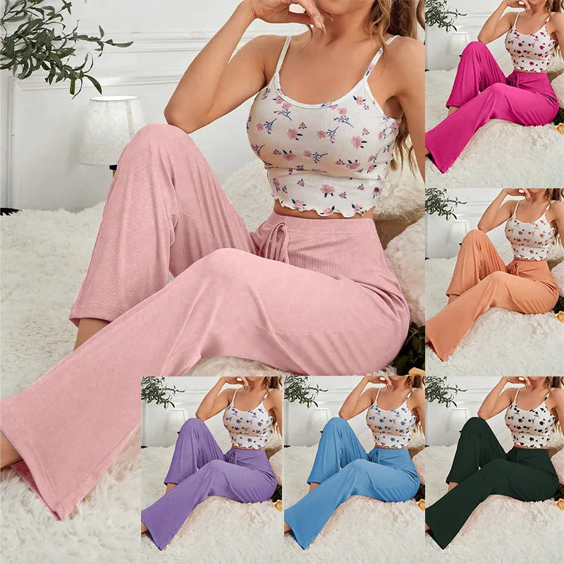 Ladies Casual Comfortable Floral Print Sleepwear Set Long Pants Outwear Suitable Home Hotel Bathing Outdoor Polyester Knitted Wear