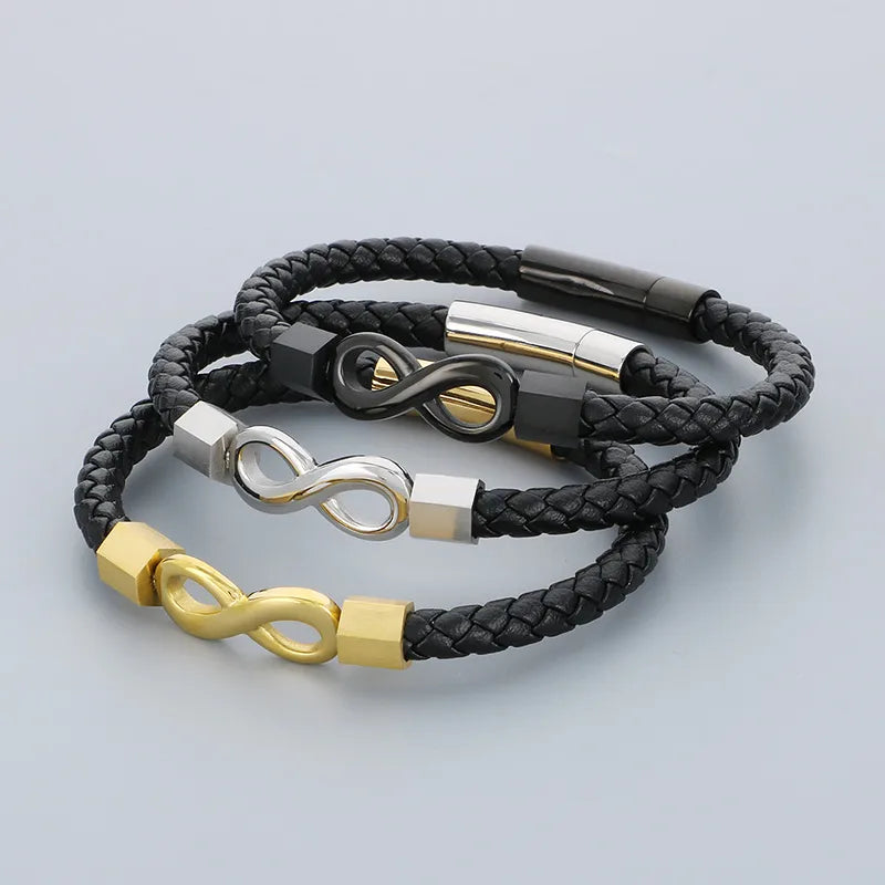 Business Simple Style Infinity 304 Stainless Steel Leather 18K Gold Plated Men's Bangle