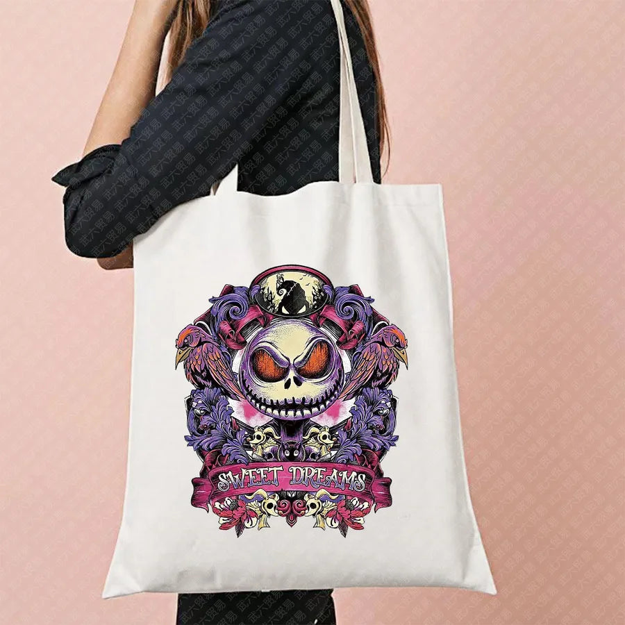 Halloween Witch Pattern Canvas Tote Bag Reusable Shopping Bag For Commuting Traveling Women Large Square Fashionable Bag