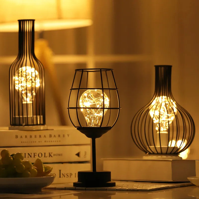 Lantern Night Light Iron Art Wine Bottle Decorative Light Girl Heart LED Decorative Lamp Abstract Pattern Wine Cup Decoration