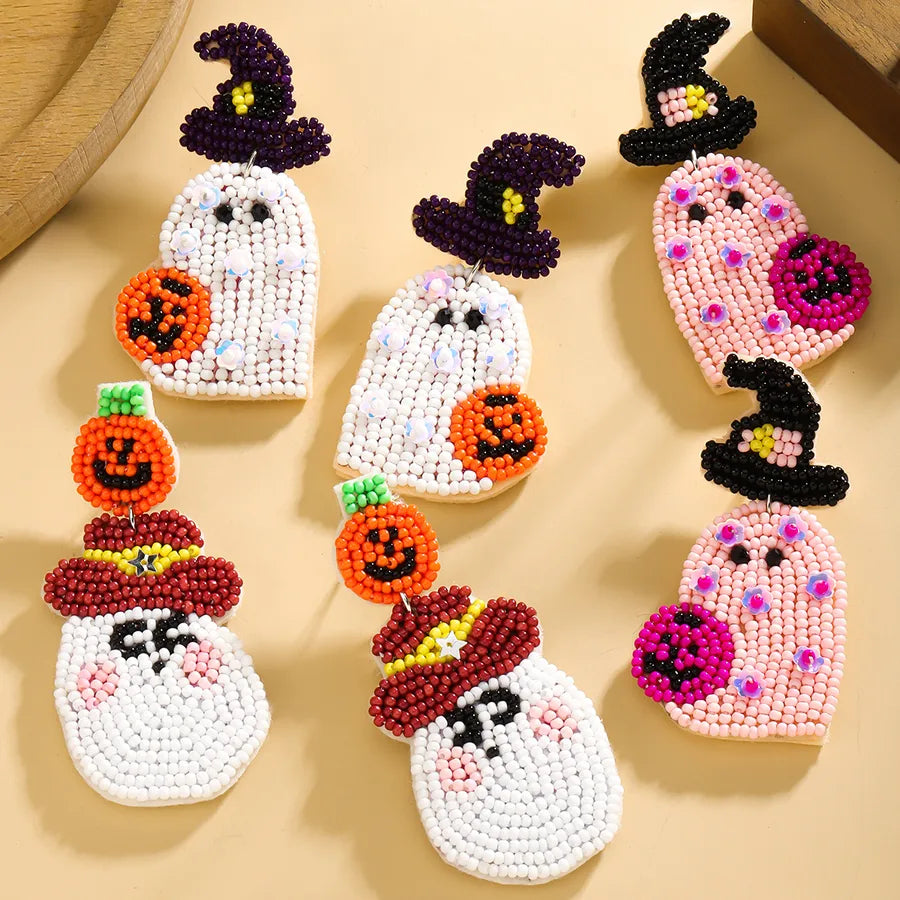 Cute Funny Multi-Color Beaded Ghost Shape Bead Earrings Halloween Makeup Party Ear Studs Earrings