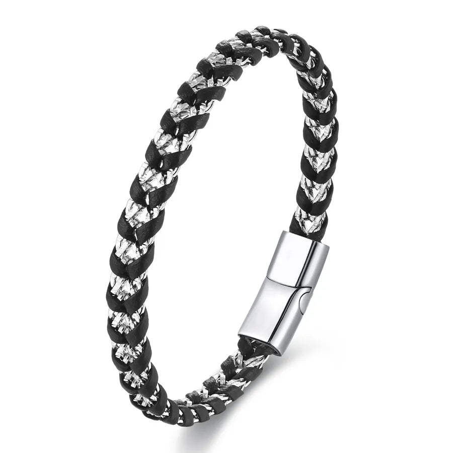 Retro Punk Geometric 316L Stainless Steel  Pu Leather Polishing Men's Bracelets Men Cord & Leather Bracelets