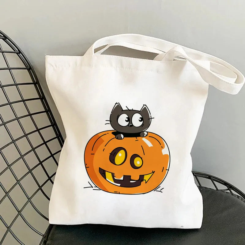Halloween Women's Medium Canvas Pumpkin Cat Cute Square Open Underarm Bag