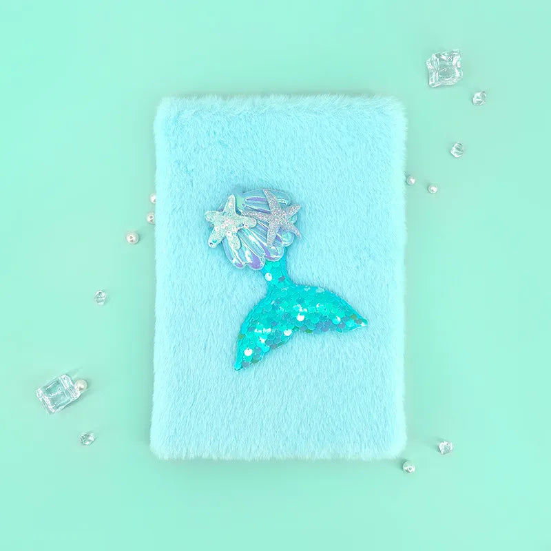 Mermaid Tail Shiny Sequin Plush Notebook A5 Size 80 Pages Cute Cartoon Style Memory Book Diary Gift For Girls