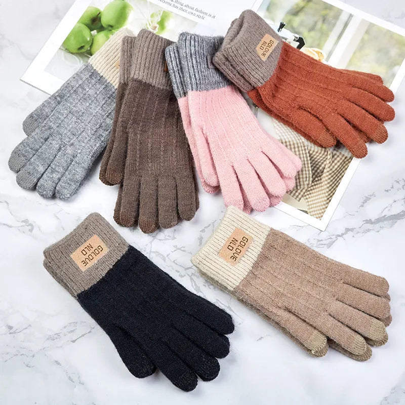 In stock autumn and winter women's knitted gloves fleece-lined thick warm cold-proof outdoor finger touch screen gloves