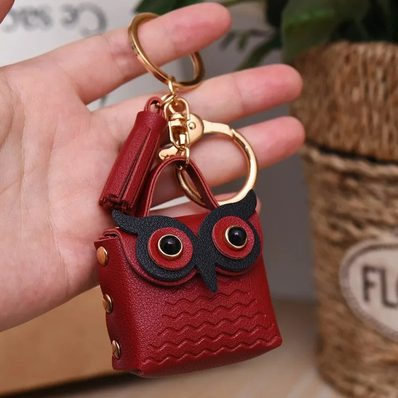 cartoon style owl pu leather metal unisex bag pendant keychain
