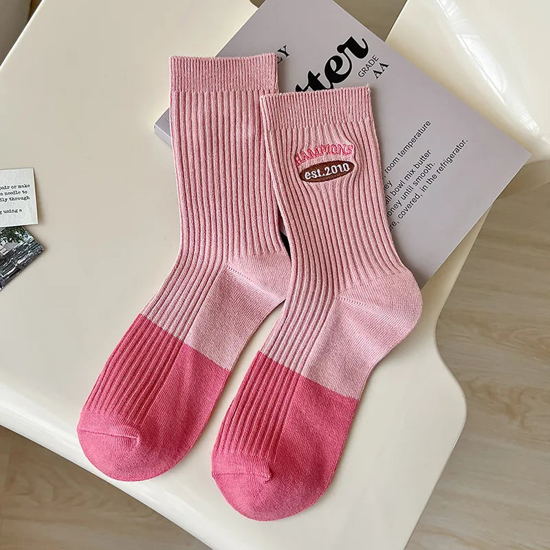 women's lady sweet color block cotton crew socks a pair