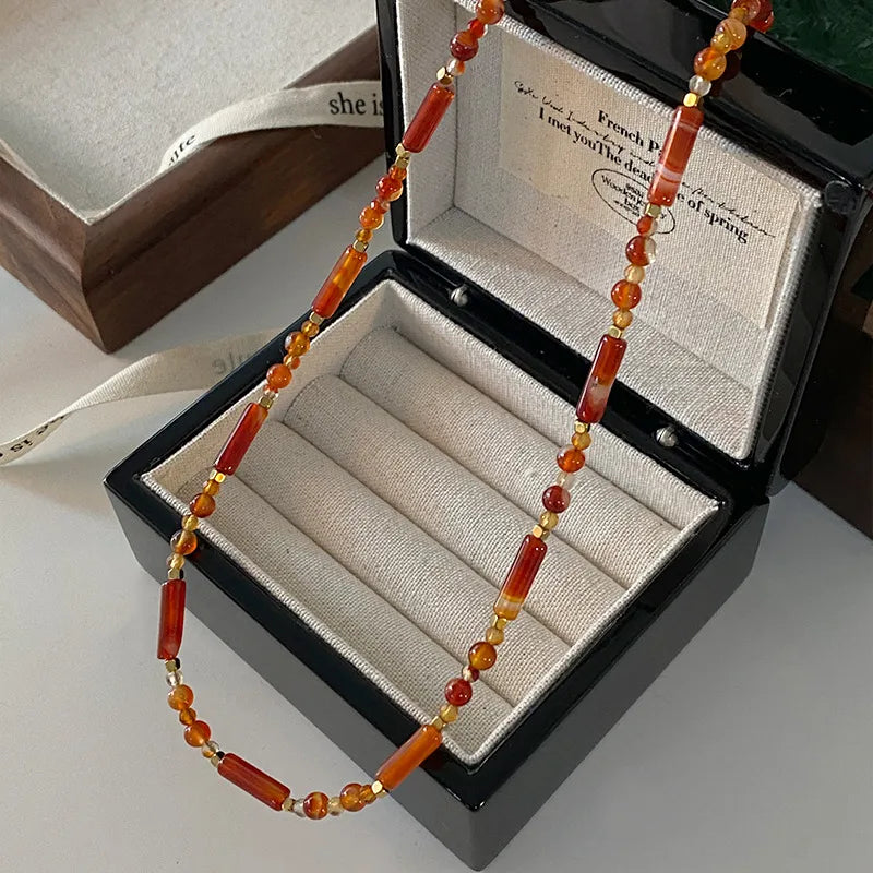 Retro Japanese Style Geometric natural stone Freshwater Pearl Agate Pendant Necklace In Bulk