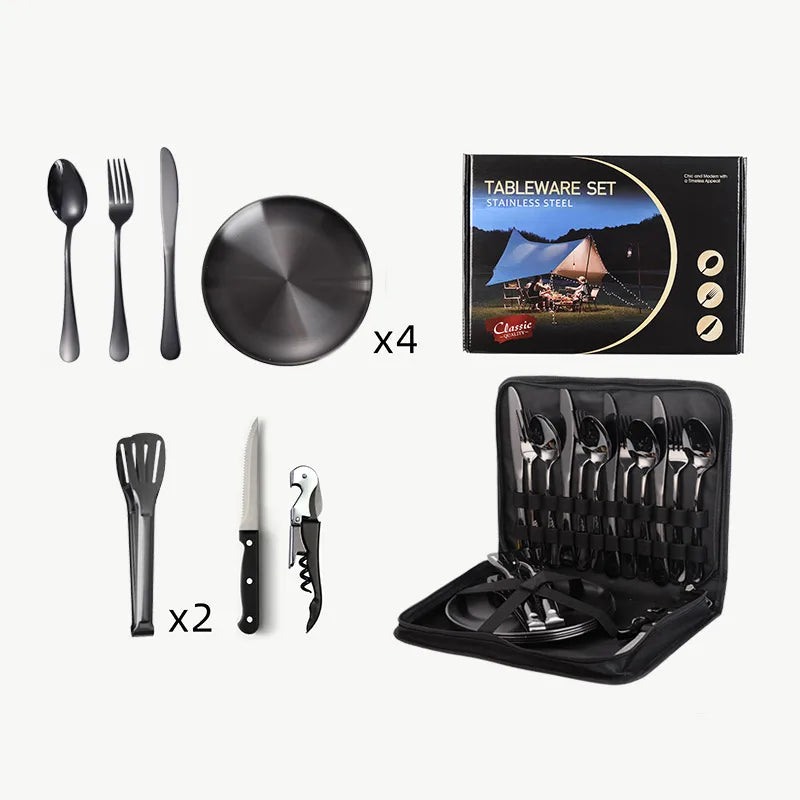 Outdoor travel stainless steel tableware camping picnic barbecue plate clip steak knife, fork and spoon suit portable storage bag