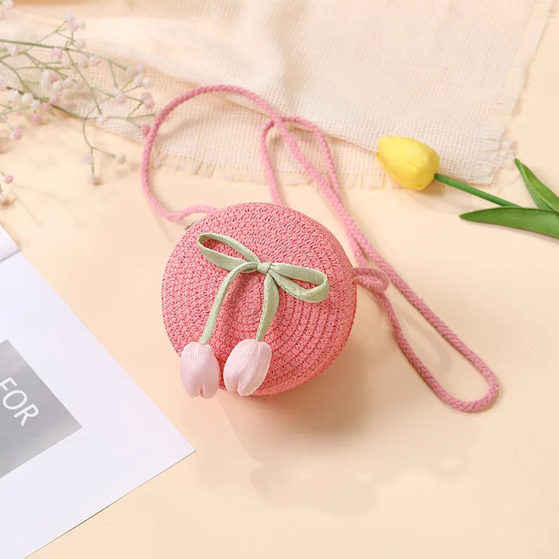 Summer Beach Seaside Tulip Straw Woven Bag  New Children Flower Straw Bag Mobile Phone Crossbody Bag