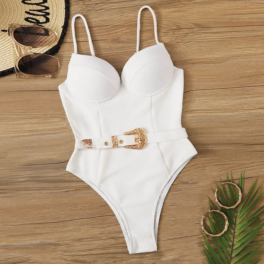 Women's Sexy Solid Color Belt 1 Piece One Piece Swimwear
