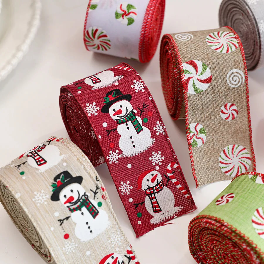 Christmas Cartoon Snowman Printed Decorative Ribbon Fabric Tree Flower Ring Gift Butterfly Knot Decorations Bohemian American Style