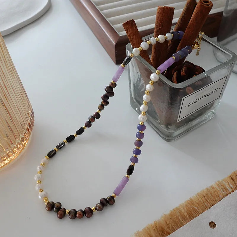 Retro Japanese Style Geometric natural stone Freshwater Pearl Agate Pendant Necklace In Bulk