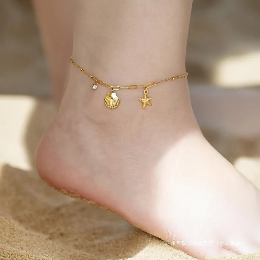 Wholesale Jewelry Marine Style Beach Sweet Scallop Starfish 304 Stainless Steel 18K Gold Plated Scallop Anklet