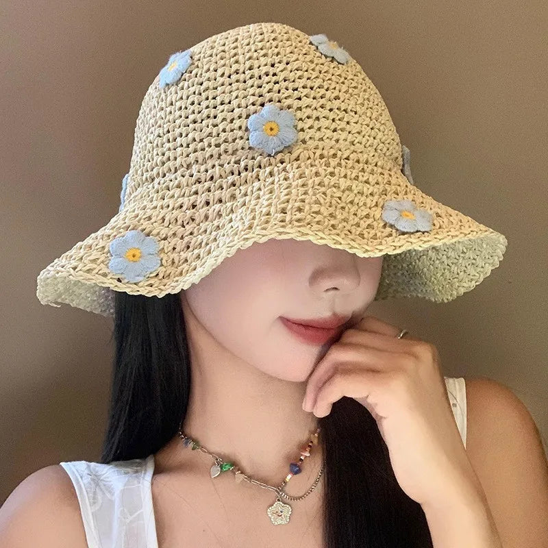 Summer Floral Straw Hat Foldable Sunscreen Fishing Cap Vacation Style Outing Hollow Weave Women's Hat Spring Season Print Design