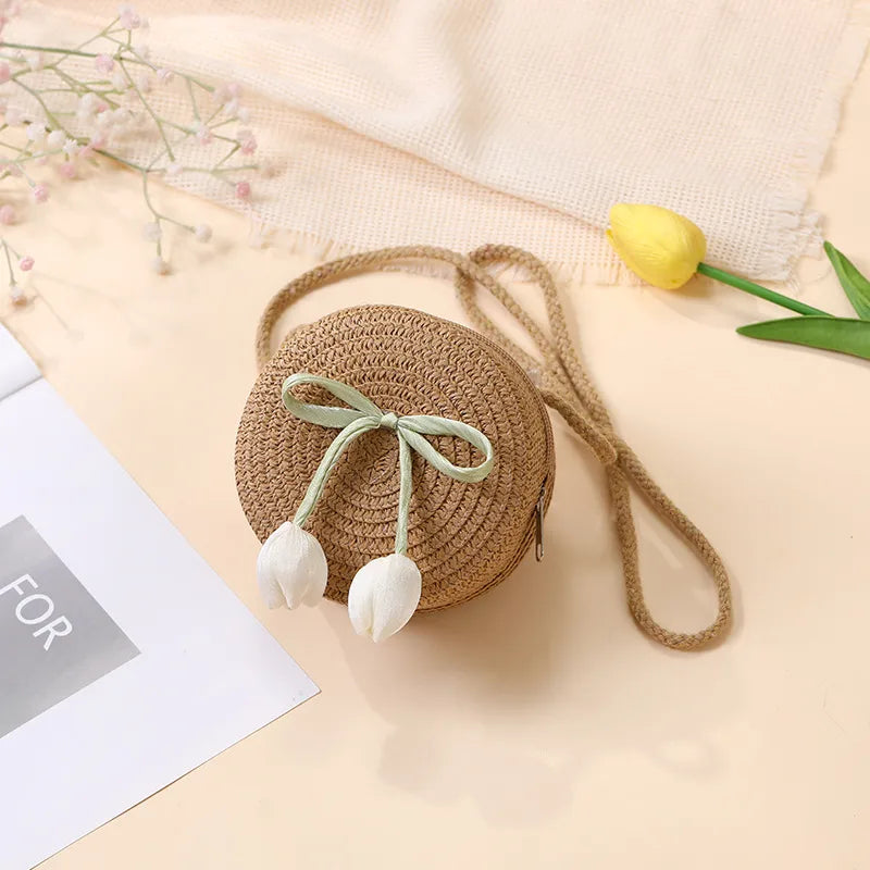 Summer Beach Seaside Tulip Straw Woven Bag  New Children Flower Straw Bag Mobile Phone Crossbody Bag