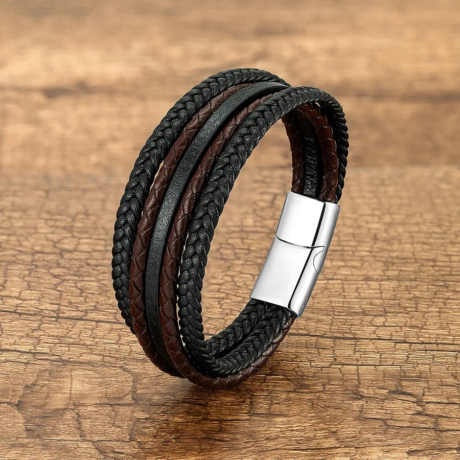 Vintage Style Punk Geometric 316 Stainless Steel  Pu Leather Layered Handmade Metal Button Men's wristband