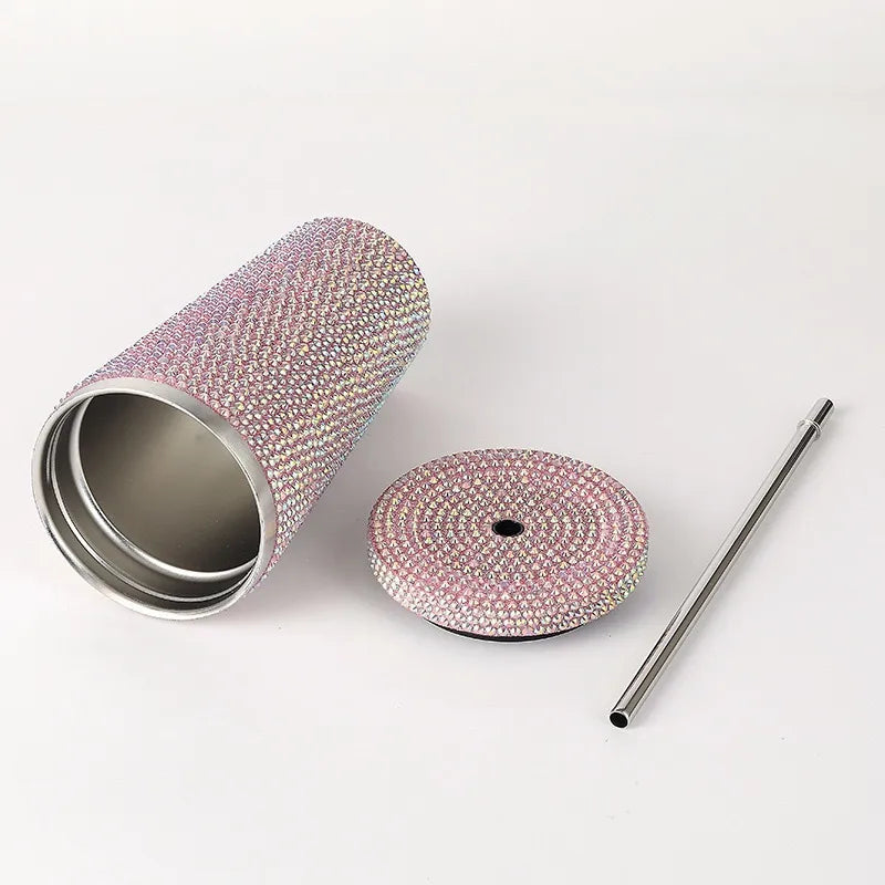 New Diamond-encrusted Insulated Water Cup Double-layer Diamond Tapered Straw Cup Beverage Cup Drinking Cup