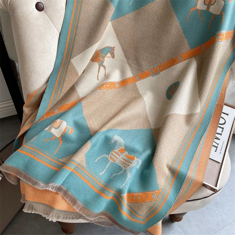 women's retro color block imitation cashmere printing scarf