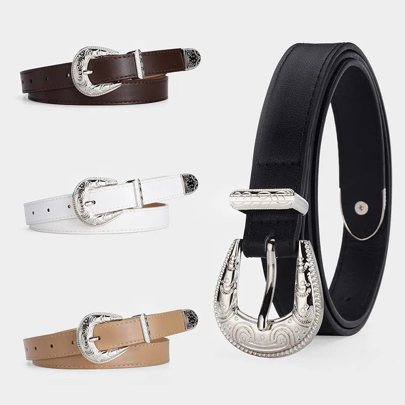 Retro Solid Color Imitation Leather Alloy Women's Leather Belts