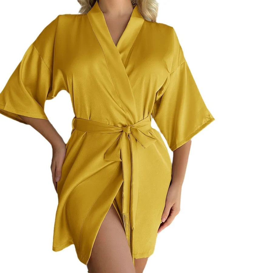 Bathrobe Women's Sexy Sleeve Nightgown Four Seasons Short Cardigan Lace Tassel Bathrobe Thin Sexy Pajamas