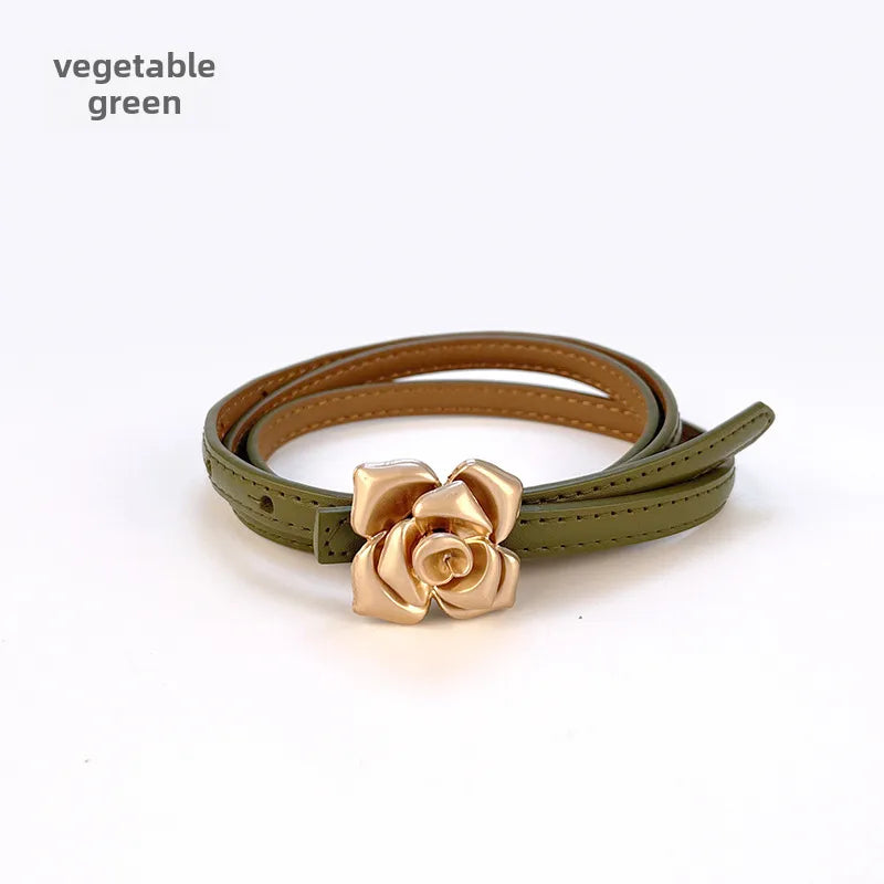 New Genuine Leather Women's Thin Belt Women's Flower Waist Slim Cowhide Women's Belt with Sweater Dress