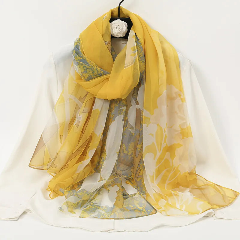 women's elegant lady color block high quality yarn printing silk scarf
