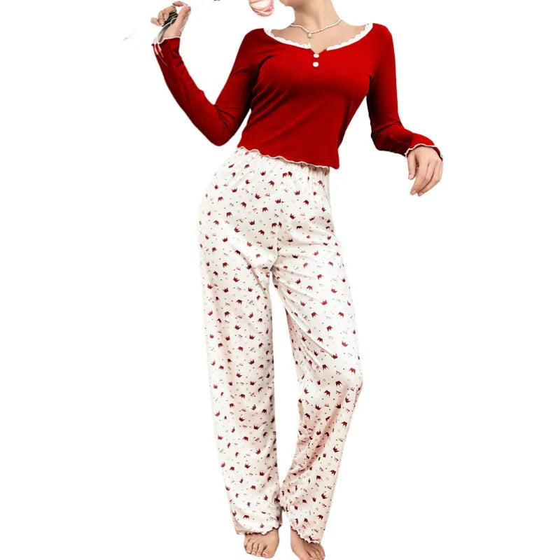 Ladies Lace Trim Round Neck Long Sleeve Sleepwear Set Home Clothes Crown Pattern Thickened Polyester Knitted Fabric All Seasons