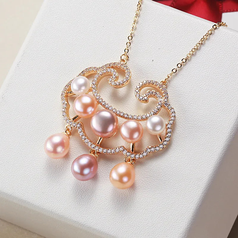Freshwater Pearl Copper cable chain Geometric Pendant Necklace