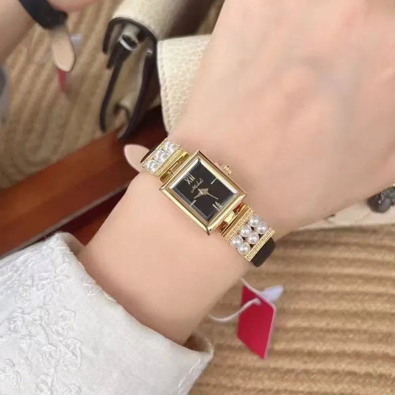 Luxurious Pearl Women's Watch Genuine Leather Strap Quartz Movement Square Face Fashionable Minimalist Design New  Model