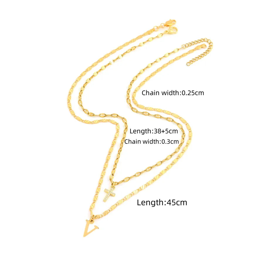 2 Pcs/set Gold Color Fashion Initial Letter Cross Pendant Lip Chain & 卍 Symbol Chain Stainless Steel Women Necklace