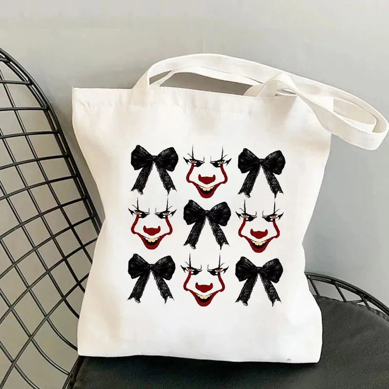 Halloween Print Canvas Tote Bag Single Shoulder Foldable Handbag Shopping Bag Large Size Retro  Style
