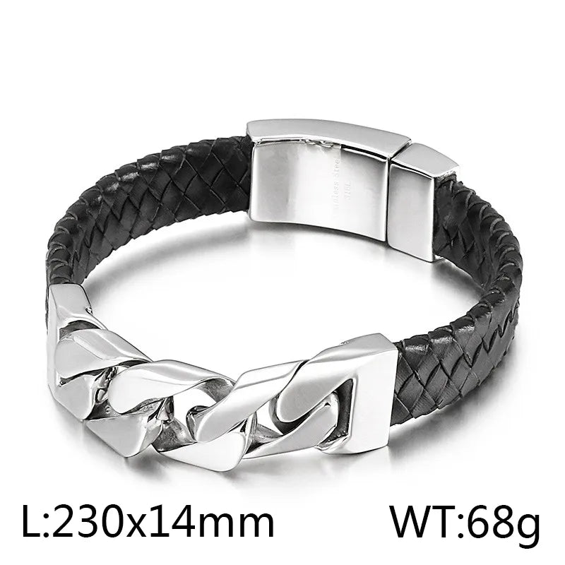 hip-hop retro color block pu leather titanium steel braid men's bangle