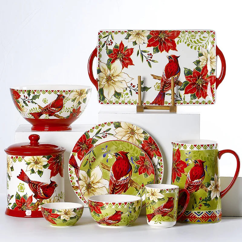 Style Plate Creative Christmas Red Bird Plate Hand-painted Flat Plate Distinctive Rectangular Tray Underglaze Color