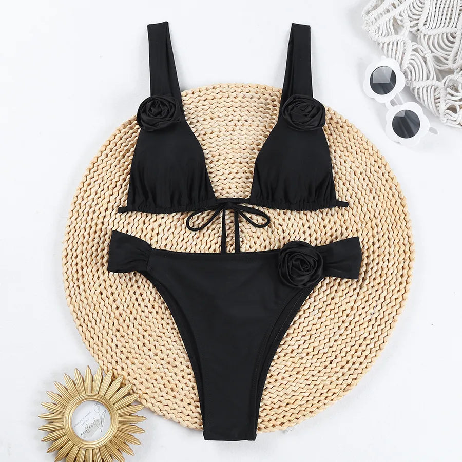 Women's Solid Color Flower 2 Pieces Set Bikinis Swimwear