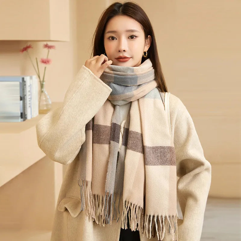 women's fashion plaid imitation cashmere tassel winter scarves