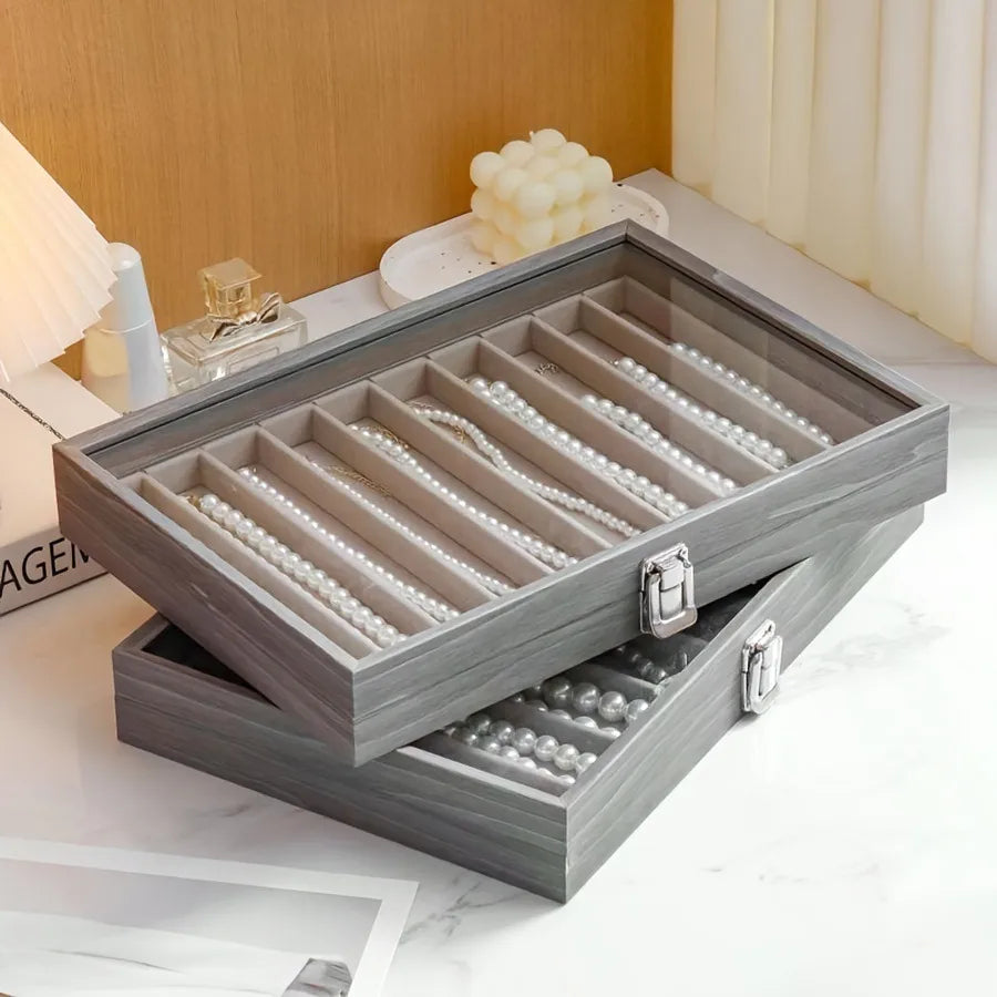 New Ice Grey Pearl Necklace Storage Box With Lid Glass Dustproof Long Bracelet Beads Thick Necklace Jewelry Box Simple Style