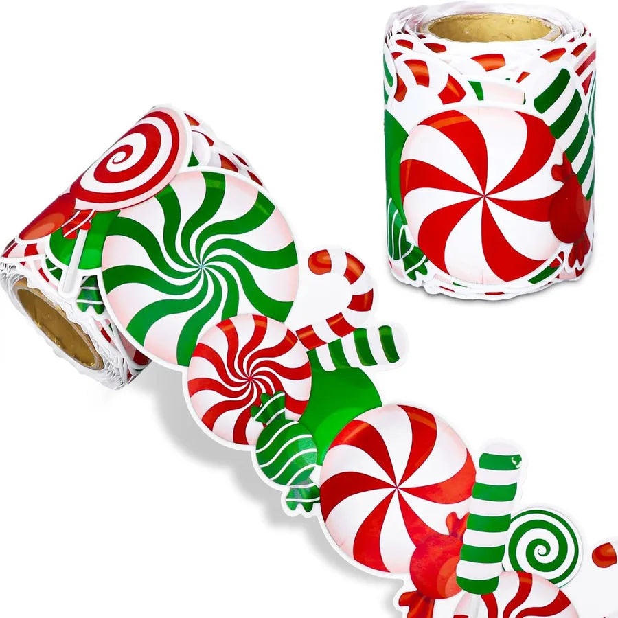 Christmas Candy Mint Announcement Board Frame Self Adhesive Decorative Sticker Green Red Candy Cane Roll Copperplate Paper