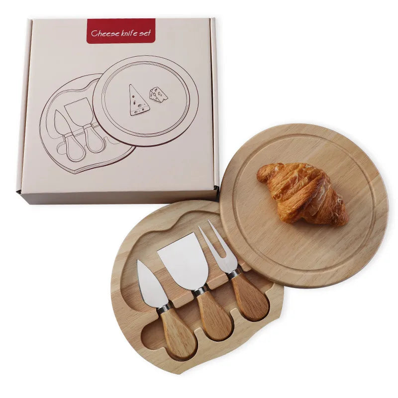 Round Oak box stainless steel golden cheese knife suit household 3-piece shovel fork cheese knife plate