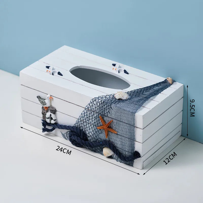 Marine Style Starfish Rudder Wood Tissue Box