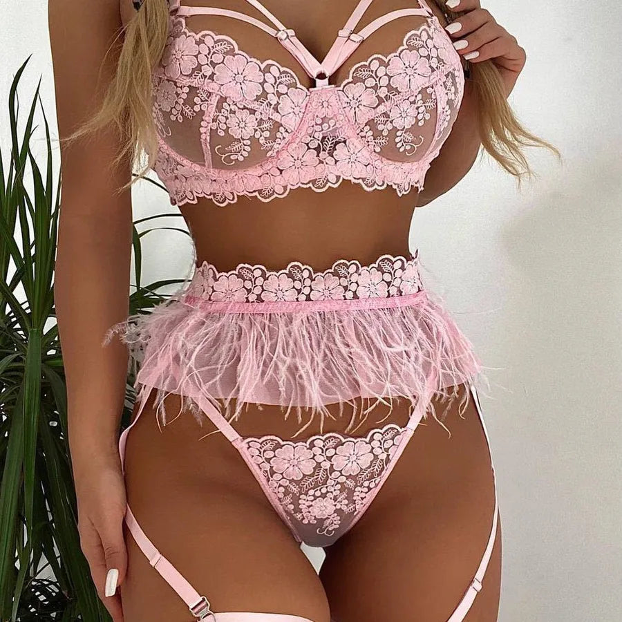 nihaodropshipping wholesale new lace feather embroidery underwear three-piece female