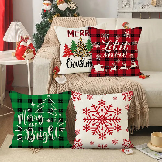 New Christmas Plaid Linen Pillowcase Snowflake Letter Print Home Sofa Cushion Cover Festive Letter Pattern Christmas Decor