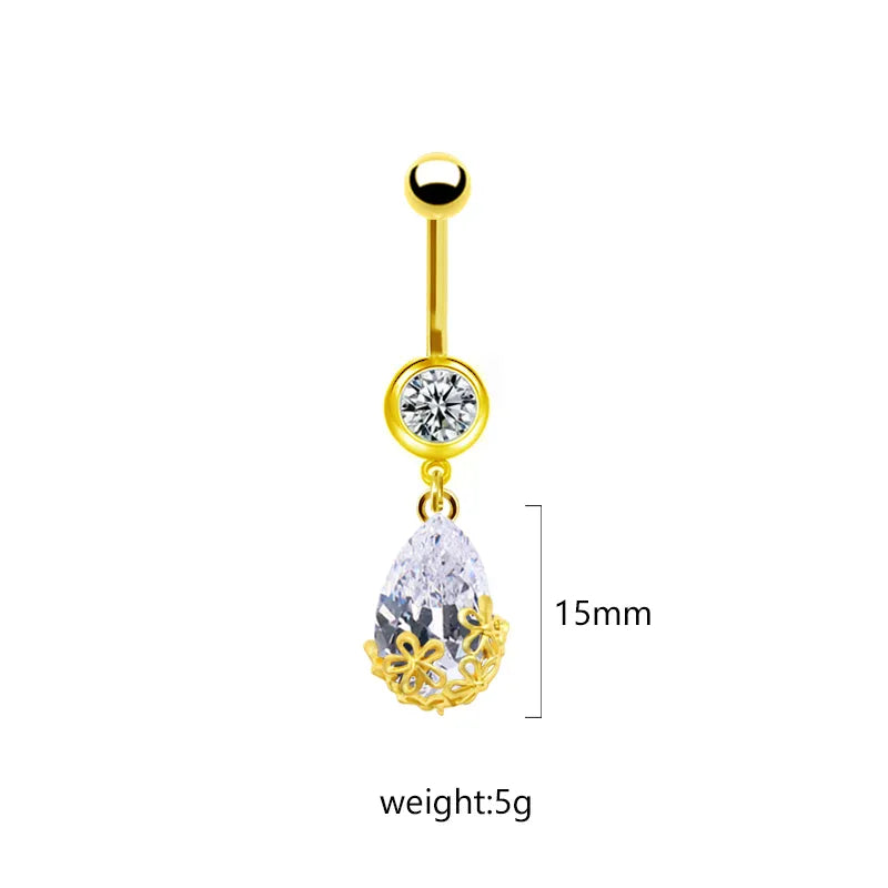 1 Piece Belly Rings Sweet Pastoral Water Droplets Rose Flower Stainless Steel Alloy Inlay Acrylic Rhinestones Glass White Gold Plated Gold Plated