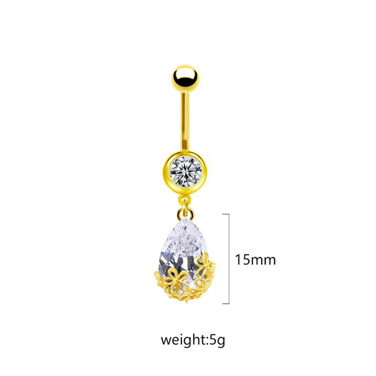 1 Piece Belly Rings Sweet Pastoral Water Droplets Rose Flower Stainless Steel Alloy Inlay Acrylic Rhinestones Glass White Gold Plated Gold Plated