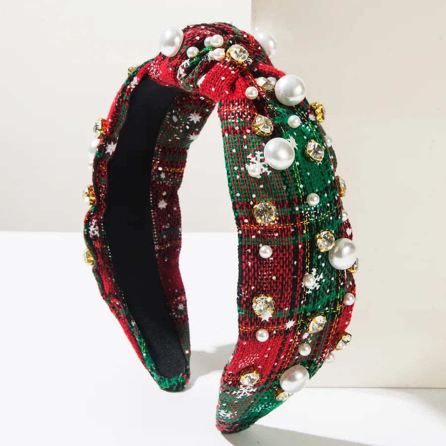Creative Christmas Series Headband Color Block Plaid Fabric Knot Wide Edge Pearl Embedded Fashionable Women's Hair Accessories
