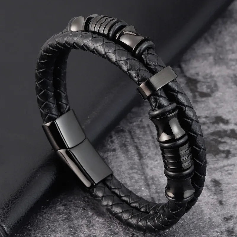 Retro Classic Style Geometric Pu Leather Titanium Steel Woven Chain Wrap Bracelets Wholesale