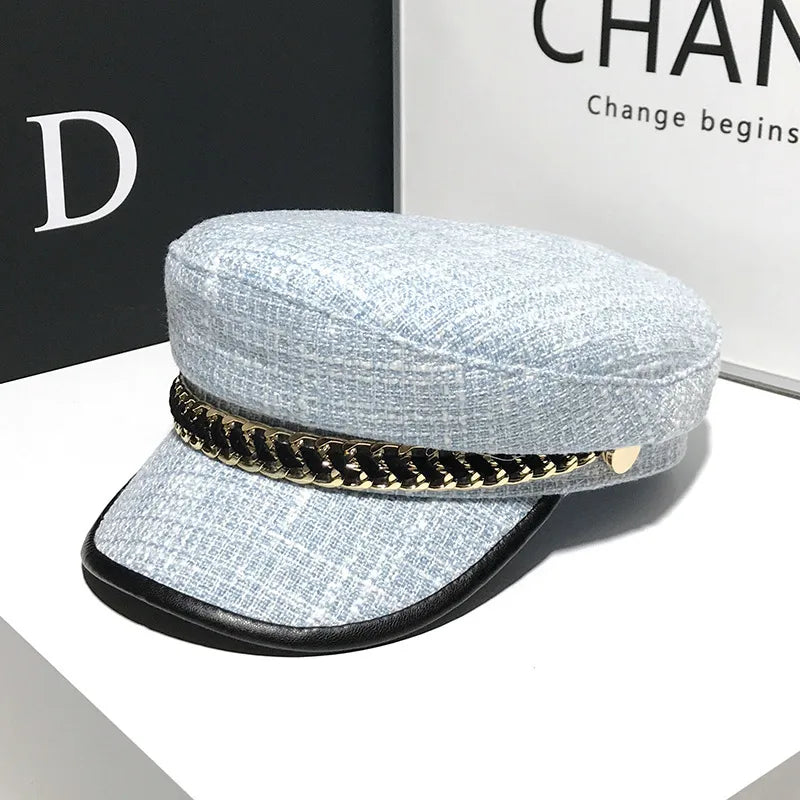 women's elegant business basic solid color chain curved eaves beret hat